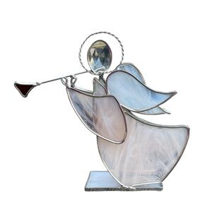 Stained glass angel sounding trumpet glass wings silver trim and halo crystal